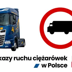 Niebieska ciężarówka DAF obok znaku zakazu ruchu dla pojazdów ciężarowych. Temat: zakazy dla ciężarówek w Polsce.