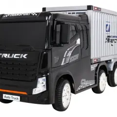 Czarny tir z przyczepą, z napisem "TRUCK" na masce. Idealny do transportu zabawek.