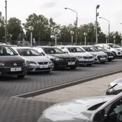 Rząd samochodów na placu, w tym brązowy Volkswagen i biały Kia Sportage. W tle drzewa i słupy oświetleniowe. To idealne miejsce, by znaleźć swój wymarzony kinto one.