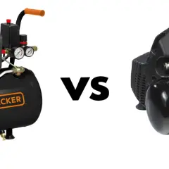 Porównanie: kompresor olejowy czy bezolejowy? Dwa kompresory Black+Decker, jeden z widocznym olejem, drugi bez.