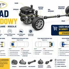 Schemat układu napędowego z elementami: silnik, sprzęgło hydrokinetyczne, skrzynia biegów, wał napędowy, mechanizm różnicowy, półosie.
