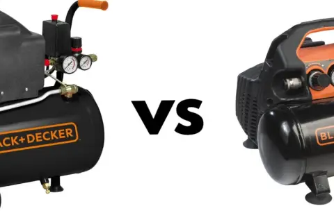 Porównanie: kompresor olejowy czy bezolejowy? Dwa kompresory Black+Decker, jeden z widocznym olejem, drugi bez.