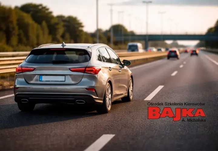Srebrny kombi na autostradzie, gdzie obowiązują ograniczenia prędkości w Polsce. W tle inne pojazdy i logo szkoły jazdy.