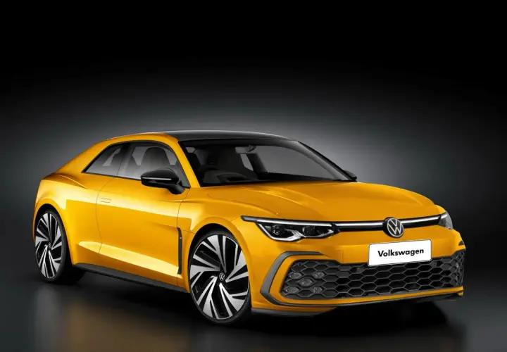 Żółty Volkswagen Corrado z czarnym dachem i felgami, prezentujący sportowy design.