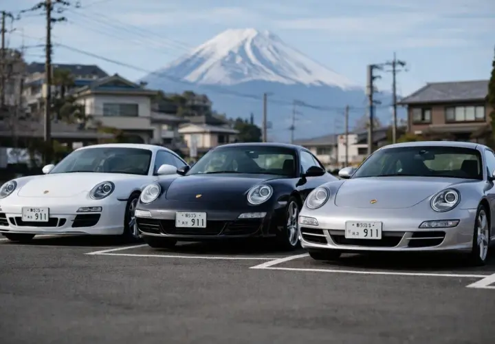 Trzy Porsche 911: białe, czarne i srebrne, zaparkowane na tle ośnieżonego Fuji.