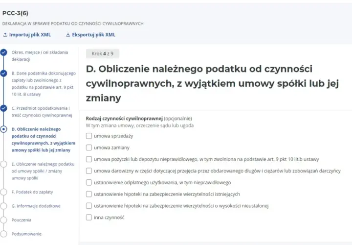 Formularz PCC-3(6) z zaznaczonym krokiem D. Obliczenie należnego podatku od czynności cywilnoprawnych, z wyjątkiem umowy spółki lub jej zmiany.
