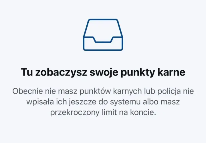 Ikona skrzynki pocztowej i tekst: "Tu zobaczysz swoje punkty karne". Brak punktów karnych, więc recydywa mandat nie grozi.