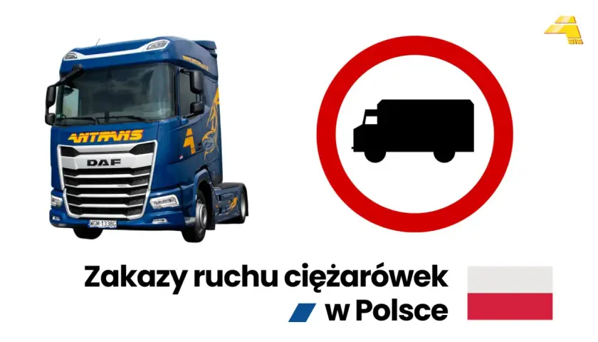 Niebieska ciężarówka DAF obok znaku zakazu ruchu dla pojazdów ciężarowych. Temat: zakazy dla ciężarówek w Polsce.