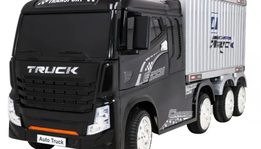 Czarny tir z przyczepą, z napisem "TRUCK" na masce. Idealny do transportu zabawek.