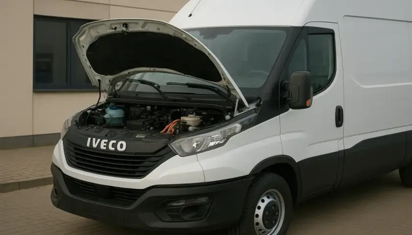 Biały Iveco Stralis z otwartą maską, ukazującą silnik i elementy elektryczne.