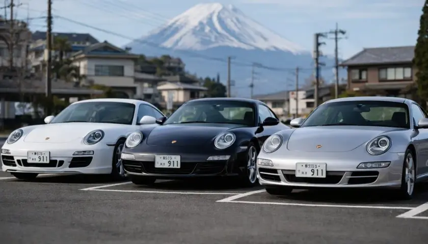 Trzy Porsche 911: białe, czarne i srebrne, zaparkowane na tle ośnieżonego Fuji.