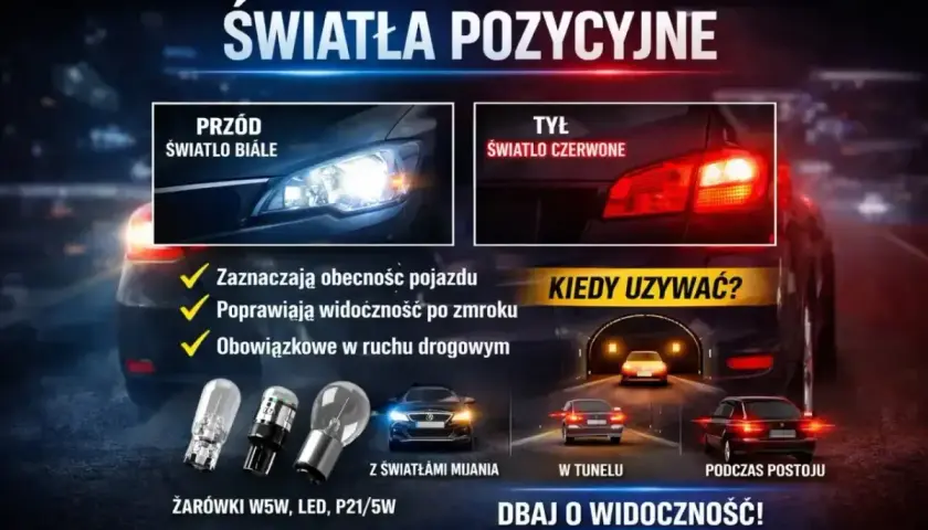 Światła pozycyjne: białe z przodu, czerwone z tyłu. Zwiększają widoczność i bezpieczeństwo, obowiązkowe w ruchu drogowym.