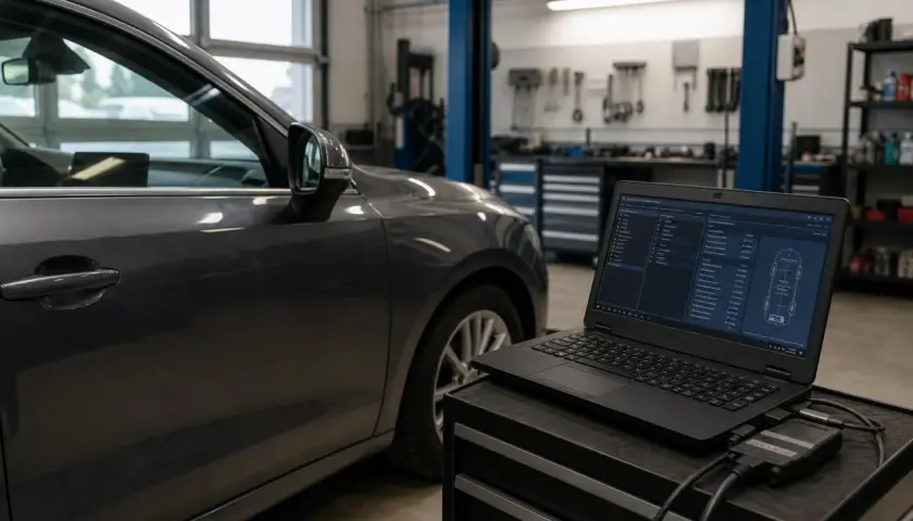 Diagnostyka komputerowa samochodu, na ekranie laptopa widoczna kontrolka ESP i schemat układu.