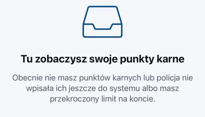 Ikona skrzynki pocztowej i tekst: "Tu zobaczysz swoje punkty karne". Brak punktów karnych, więc recydywa mandat nie grozi.