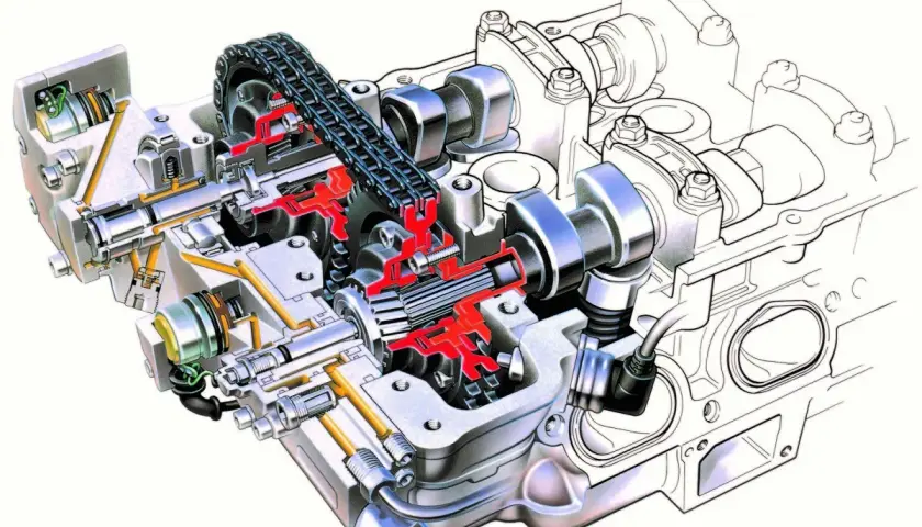 Przekrój silnika z widocznymi wałkami rozrządu, łańcuchem i mechanizmem zmienne fazy rozrządu.