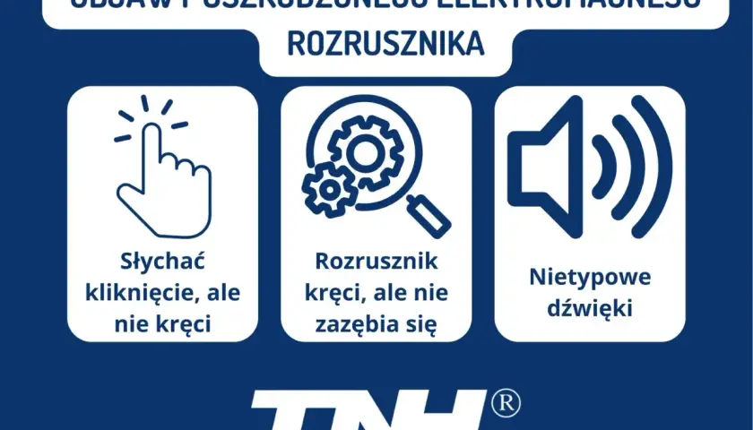 Objawy uszkodzonego elektromagnesu rozrusznika: słychać kliknięcie, ale nie kręci; rozrusznik kręci, ale nie zazębia się; nietypowe dźwięki.