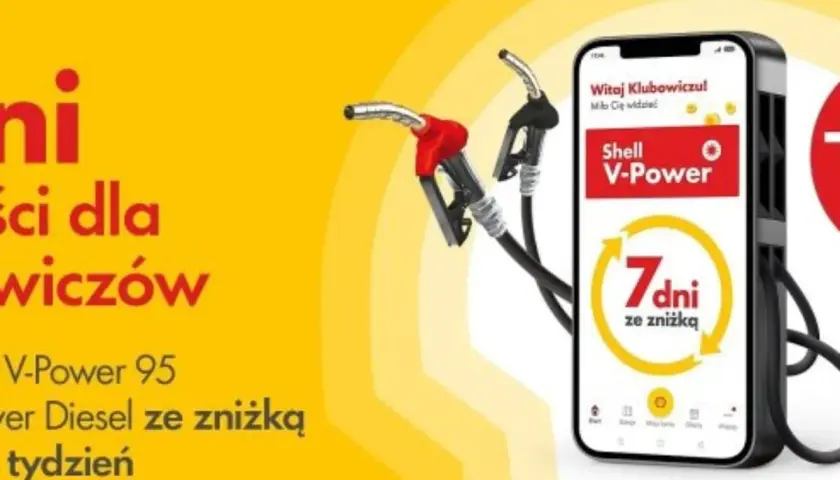 Shell promocja na paliwo: tankuj V-Power 95 lub Diesel ze zniżką przez 7 dni. Aplikacja mobilna i dystrybutory paliwa.