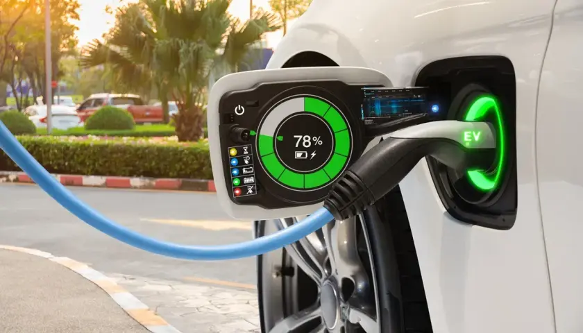 Biały samochód elektryczny (BEV) ładuje się, wskaźnik pokazuje 78%. Zielona obwódka wokół gniazda EV świeci.