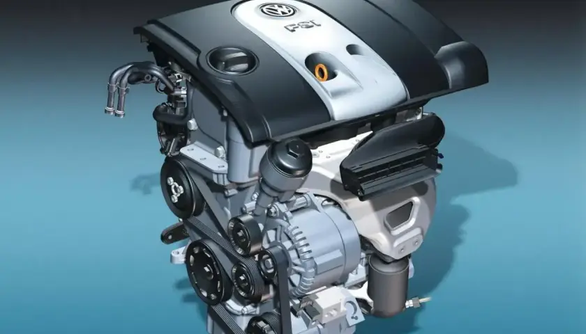 Silnik samochodowy Volkswagen 1.6 MPI z widocznymi paskami i osprzętem.