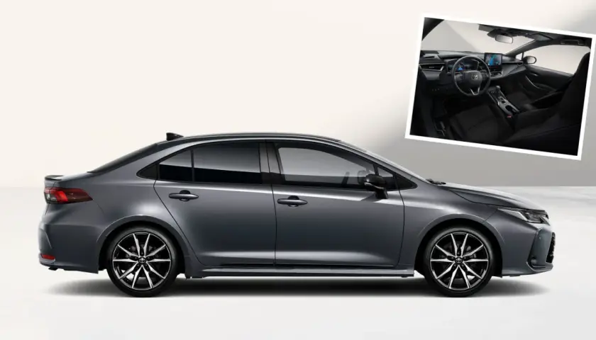 Szary sedan Toyota Corolla, jeden z wielu nowoczesnych modeli Toyoty, z widokiem wnętrza.