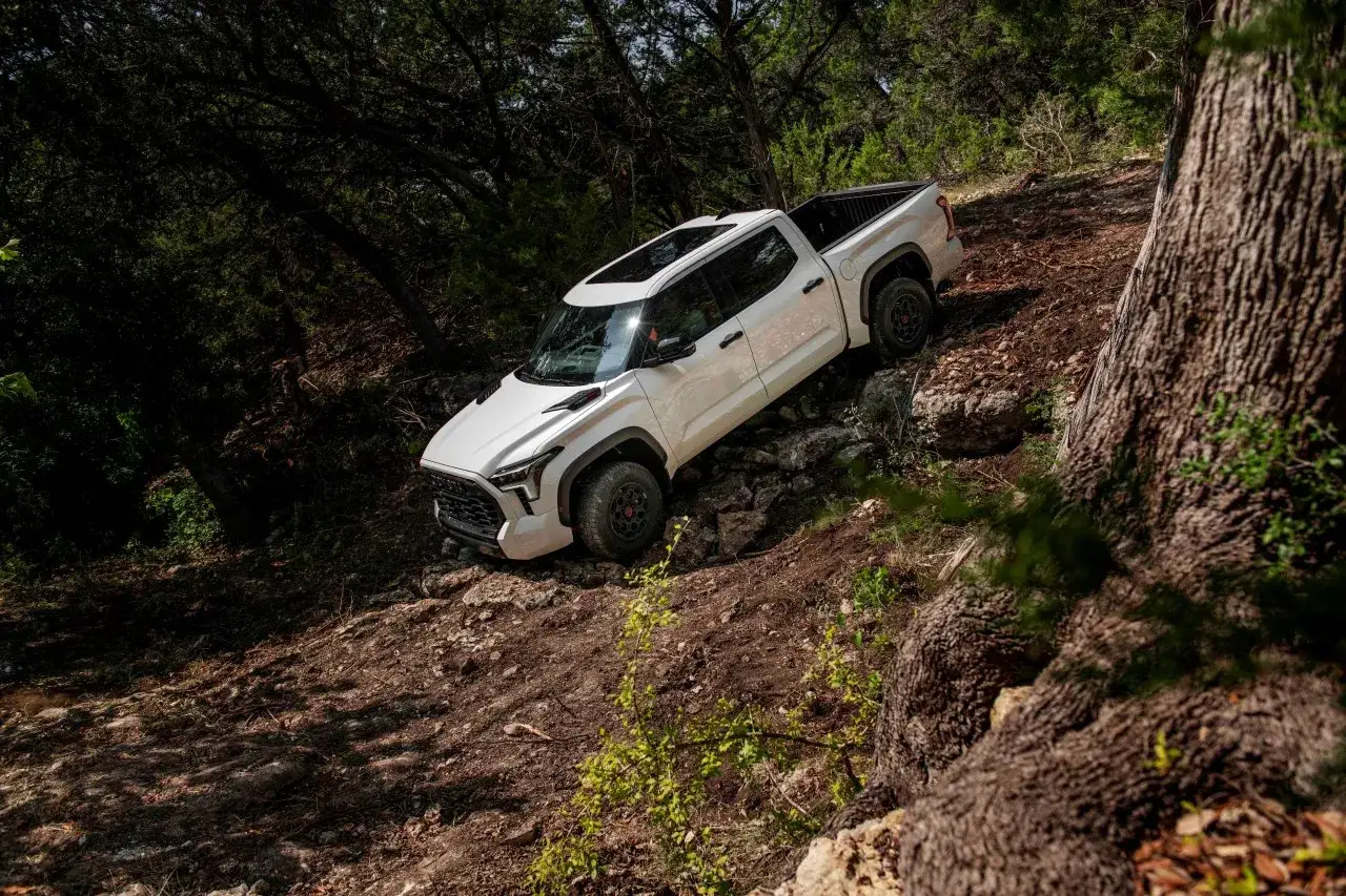 Biała Toyota Tundra pokonuje kamienisty, leśny teren. Ten teren, choć nie jest prawdziwą tundrą, wymaga od pojazdu nie lada wytrzymałości.