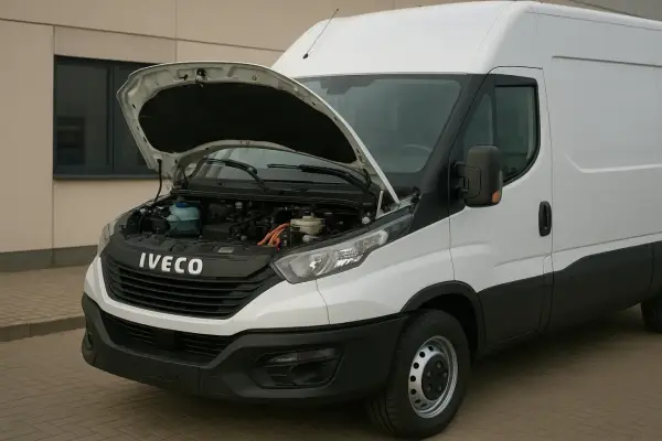 Biały Iveco Stralis z otwartą maską, ukazującą silnik i elementy elektryczne.